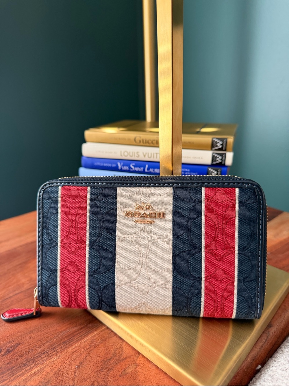 Coach Signature Stripe Zip Wallet in Navy, Red & Cream